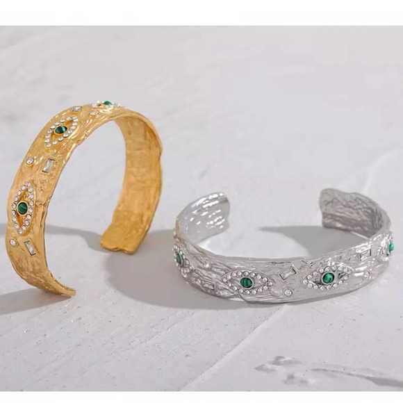 Baroque Malachite Stainless Steel Waterproof Eye Cuff Bracelet - Picture 16 of 17